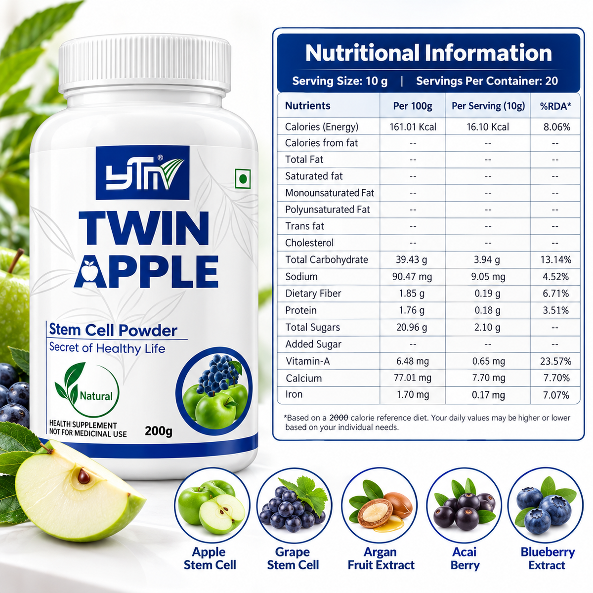 YTM Twin Apple Stem Cell Powder 200g | Health Supplement